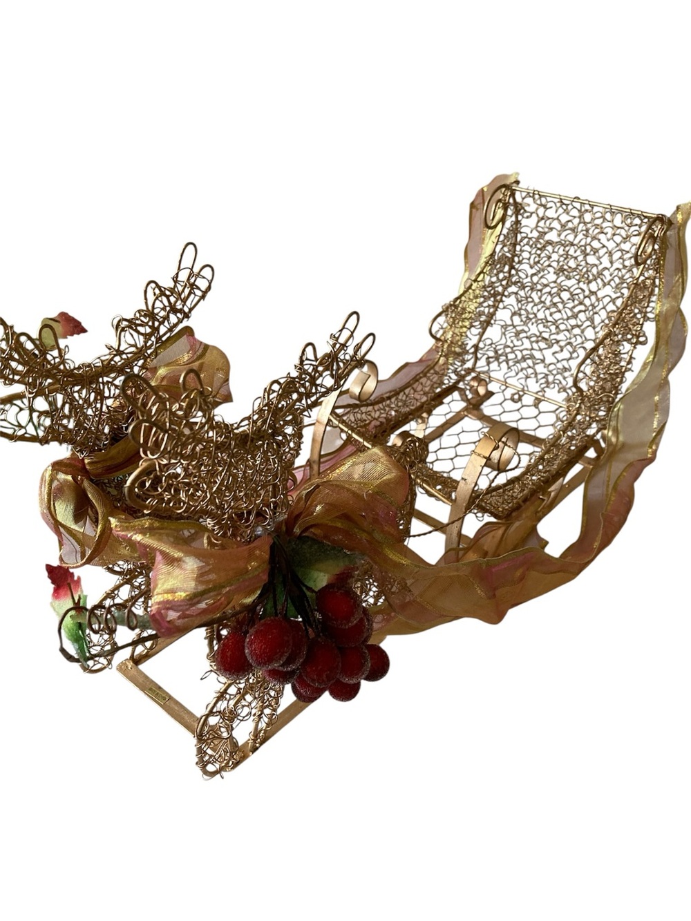 Gold Metal Wire Mesh Sleigh Christmas Centerpiece w/ Ribbon & Faux Red Berries